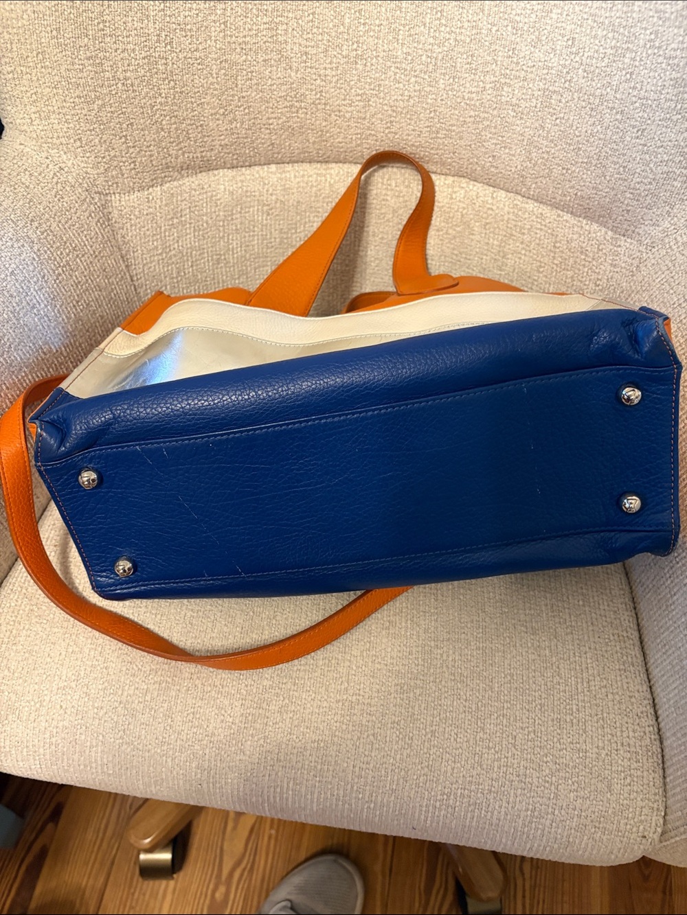 My Flat in London has Orange, Blue & Silver Colorblock Leather Tote Bag - Picture 7 of 8